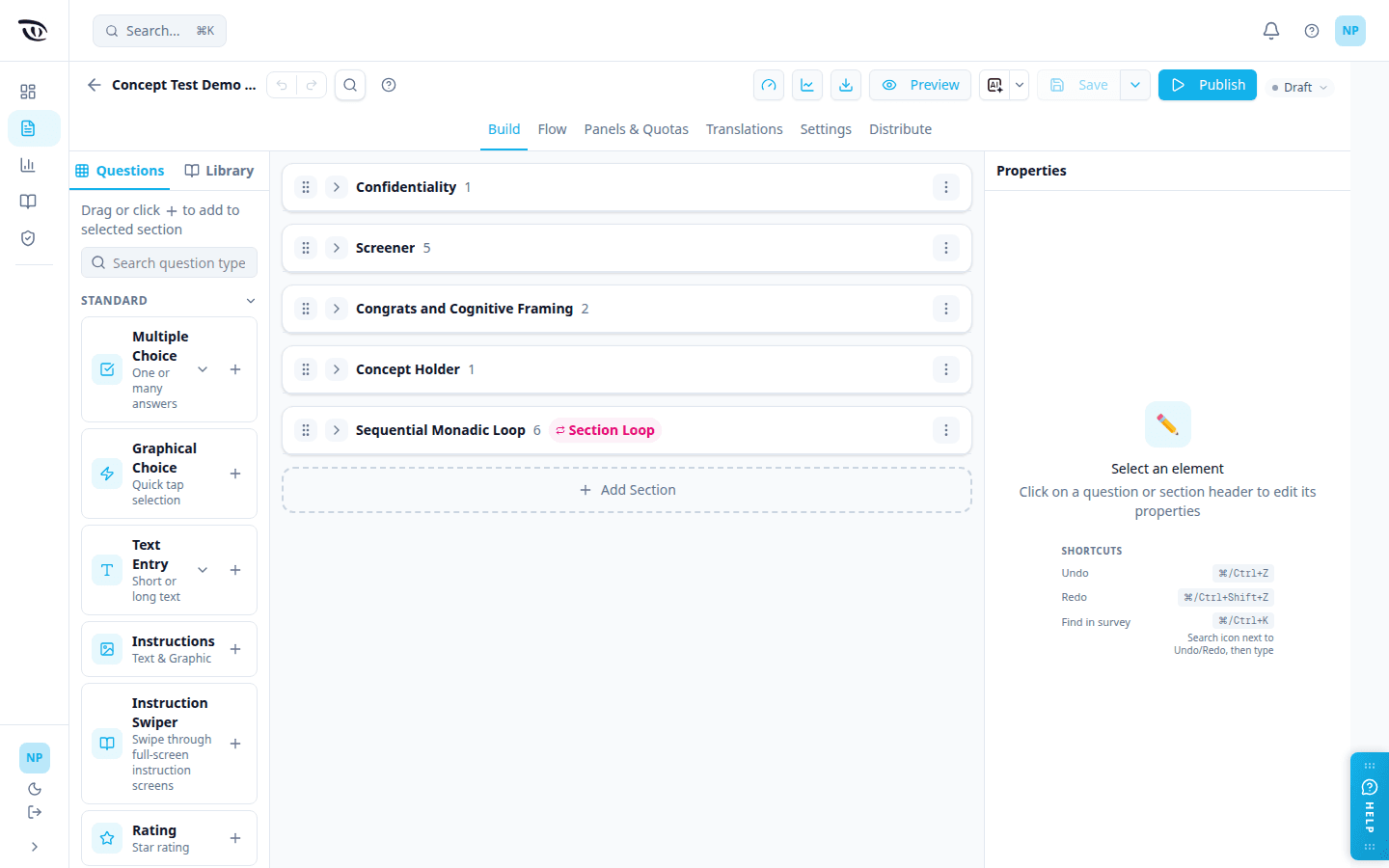 The survey builder with the question palette on the left, sections on the canvas, and the properties panel on the right