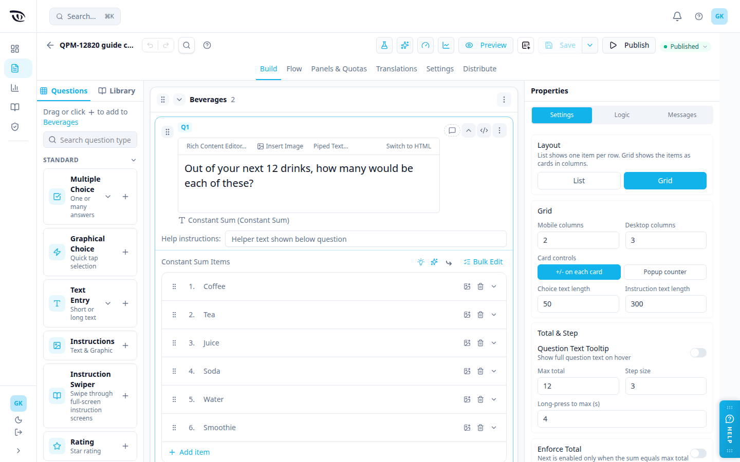 The Constant Sum Settings tab with Layout set to Grid, showing the mobile and desktop column counts, the card controls choice and the text length fields