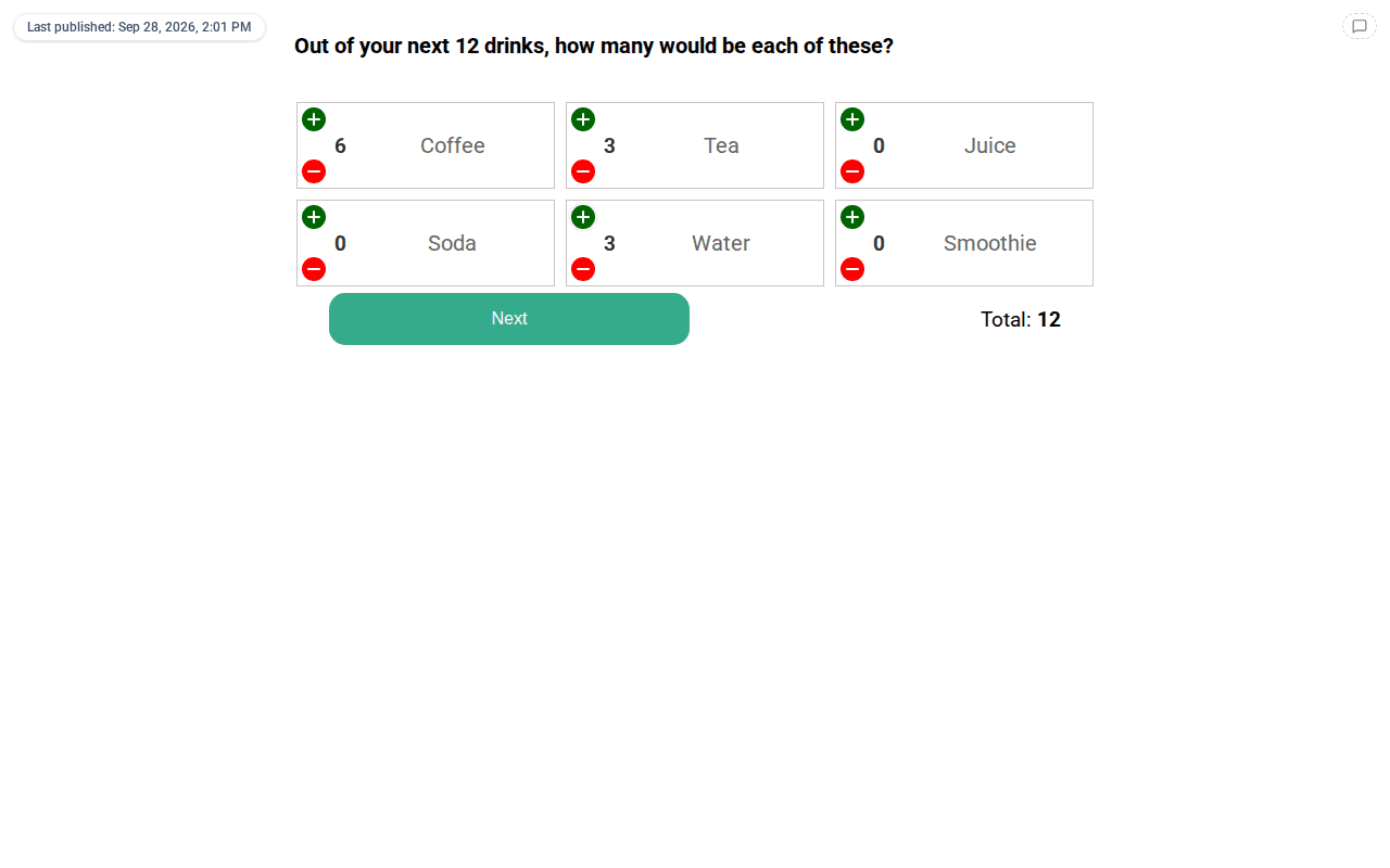 A Constant Sum question in the Grid layout on the respondent page, with item cards in three columns, + and − buttons beside each card, and the running total and Next button in the bottom bar