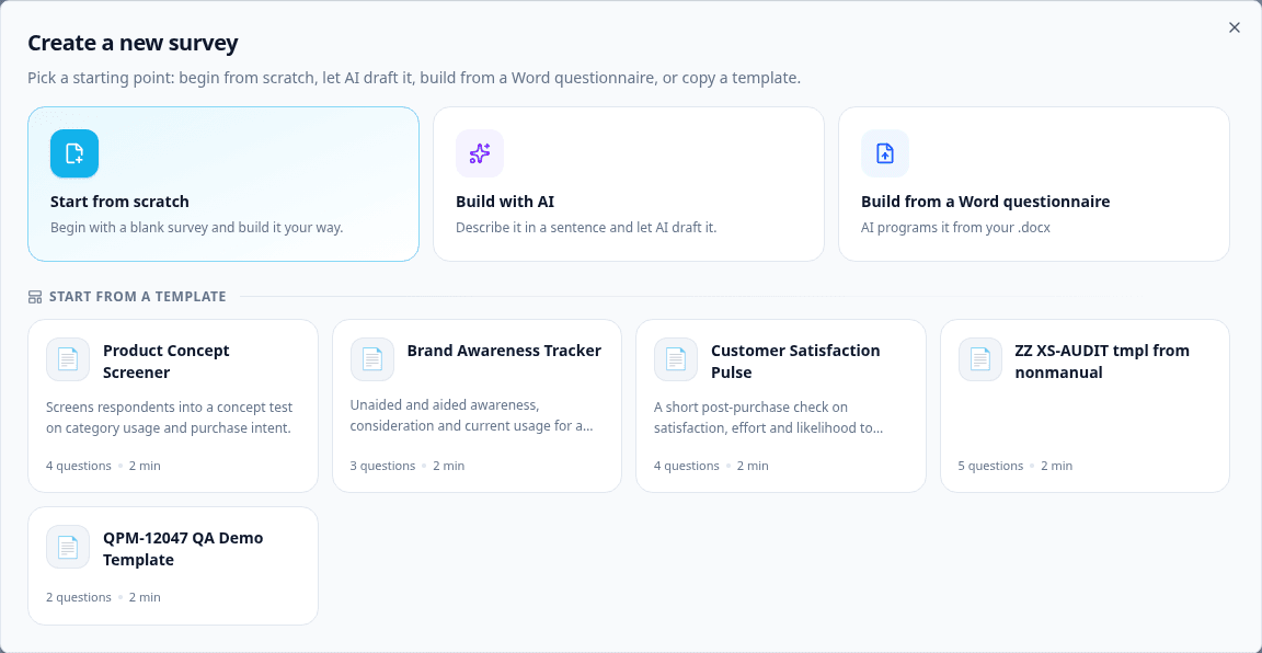 The Create a new survey dialog showing the Start from scratch, Build with AI and Build from a Word questionnaire options above the template cards