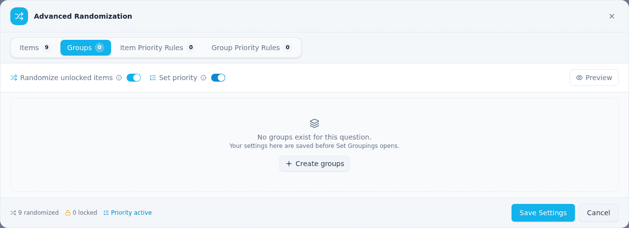 The Groups tab of a question without groups, saying No groups exist for this question with a Create groups button