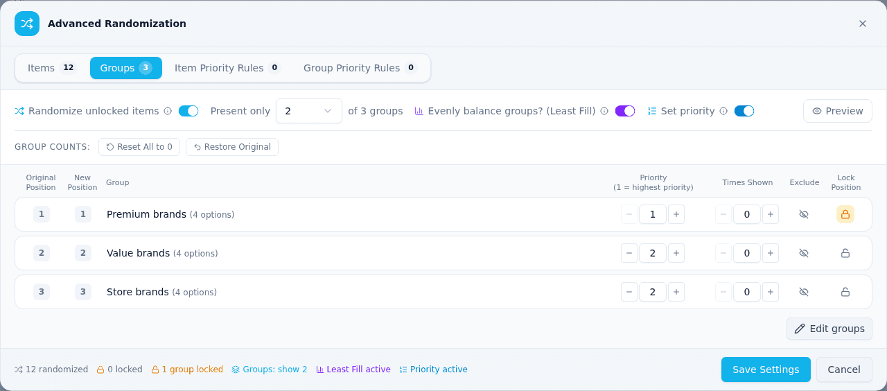 The Advanced Randomization Groups tab, selected in the tab bar at the top, with Present only 2 of 3 groups, group Least Fill and Set priority switched on, and three groups with their priority, Times Shown, Exclude and Lock Position controls; Premium brands is locked and the footer reads 1 group locked