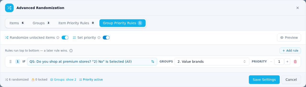 The Group Priority Rules tab, selected in the tab bar, with one rule: if the screener question (QS: Do you shop at premium stores?) is answered No, the Value brands group gets priority 1