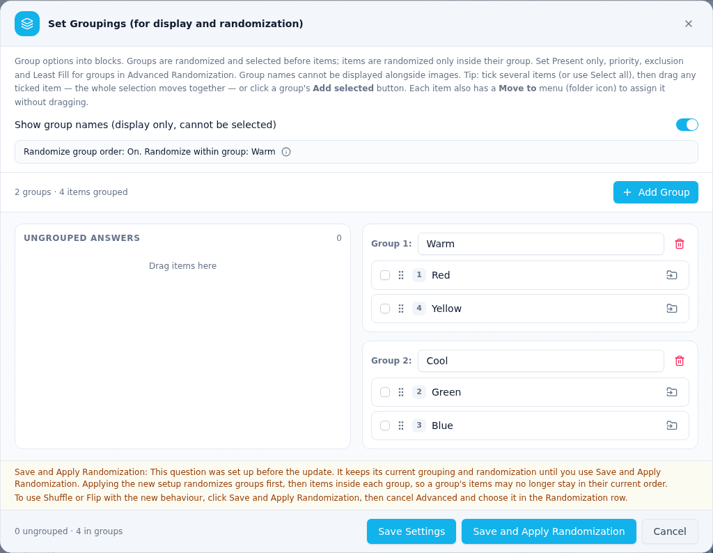 Set Groupings on a question set up before the update, showing the read-only line with its settings and an info icon, and a note above the footer explaining what Save and Apply Randomization changes and how to choose Shuffle or Flip