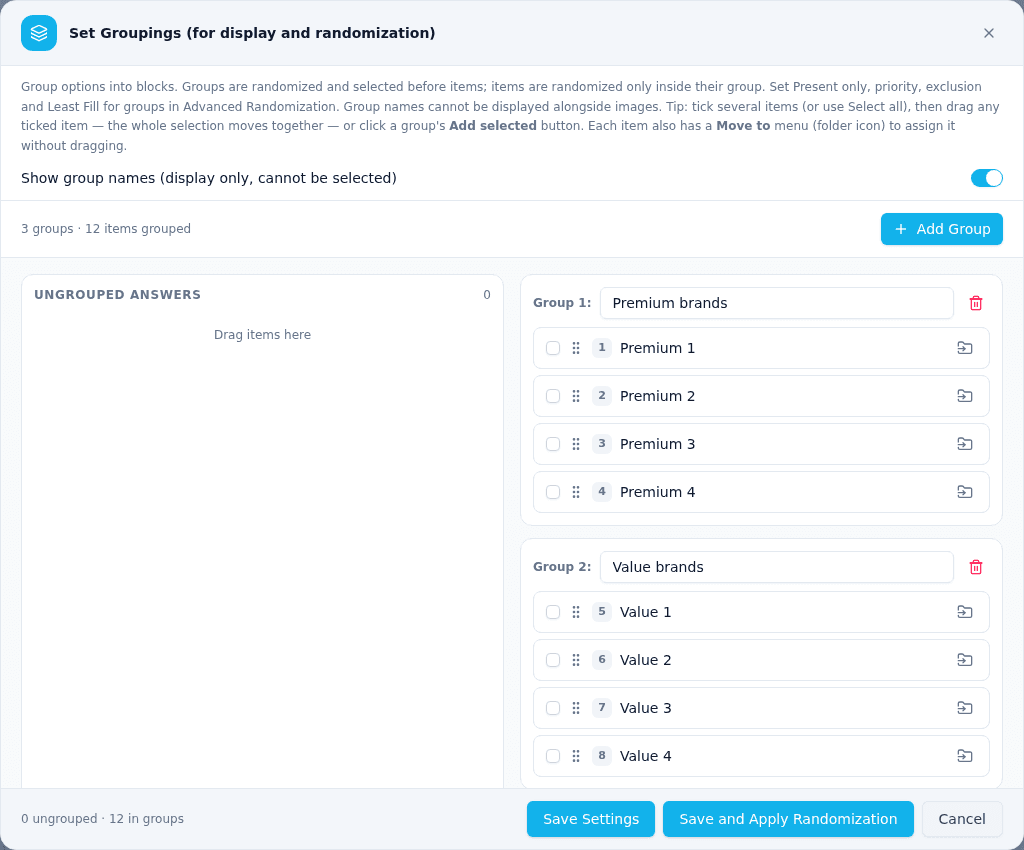The Set Groupings window with ungrouped answers on the left, two named groups on the right, the Show group names switch, and Save Settings and Save and Apply Randomization buttons in the footer