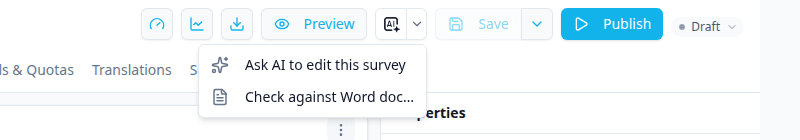 The AI Edit menu in the builder toolbar, open with Ask AI to edit this survey and Check against Word doc...