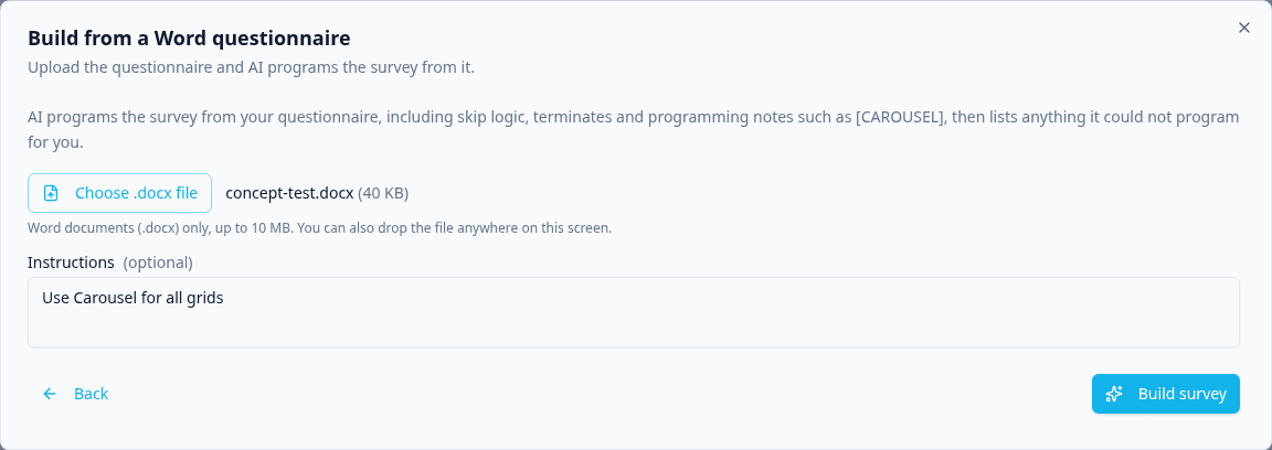 The Build from a Word questionnaire panel with concept-test.docx chosen, an Instructions box reading "Use Carousel for all grids", and the Back and Build survey buttons