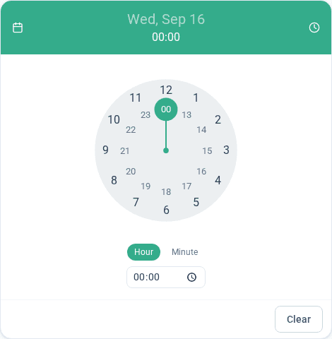 The Graphical date and time picker: a green header band showing the chosen date and time, an analog clock face with an outer ring of hours 1-12 and an inner ring of 13-23, Hour and Minute step buttons, a typed time box, and a Clear button