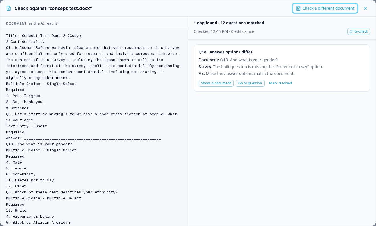 The Check against "concept-test.docx" window: the document as the AI read it on the left, and on the right one gap for Q18 saying the Prefer not to say option is missing, with Show in document, Go to question and Mark resolved buttons