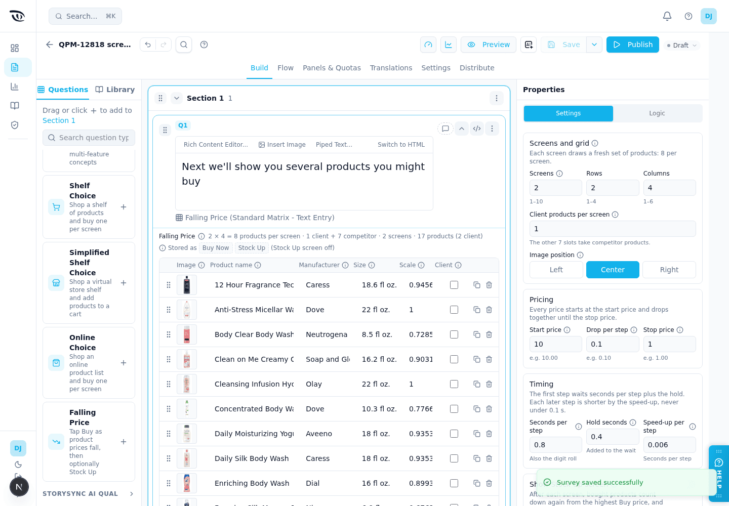 A Falling Price question on the builder canvas: the grid summary, the Buy Now and Stock Up columns, and the product table with image, name, manufacturer, size, scale and Client for each product