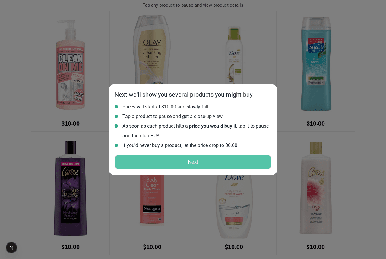 The respondent's Buy intro popup over the product grid: the question text as its heading and four bullets, the first saying prices start at $10.00