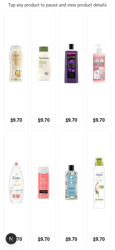 The same grid on a phone: four columns of smaller product cards with their prices
