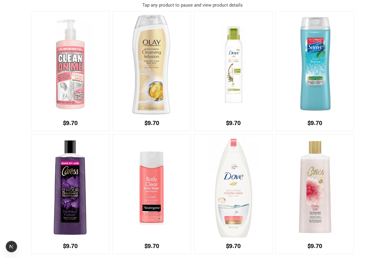 Eight body-wash products on a computer screen, each with its price counting down, all at $09.70