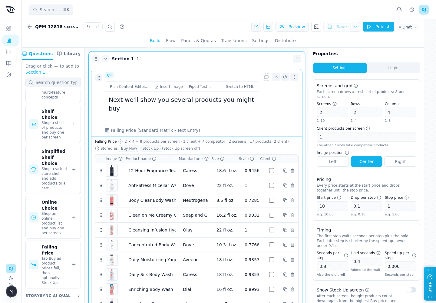 The Settings tab for Falling Price, with screens and grid, client products per screen, image position, pricing and timing