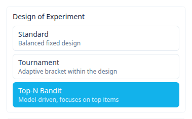 Design of Experiment selector with Standard, Tournament, and Top-N Bandit