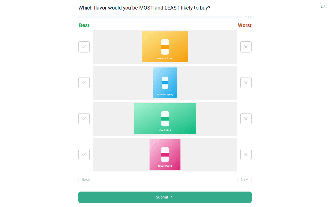 Respondent MaxDiff screen in Images Only: four large image boxes filling the screen between the Best and Worst buttons