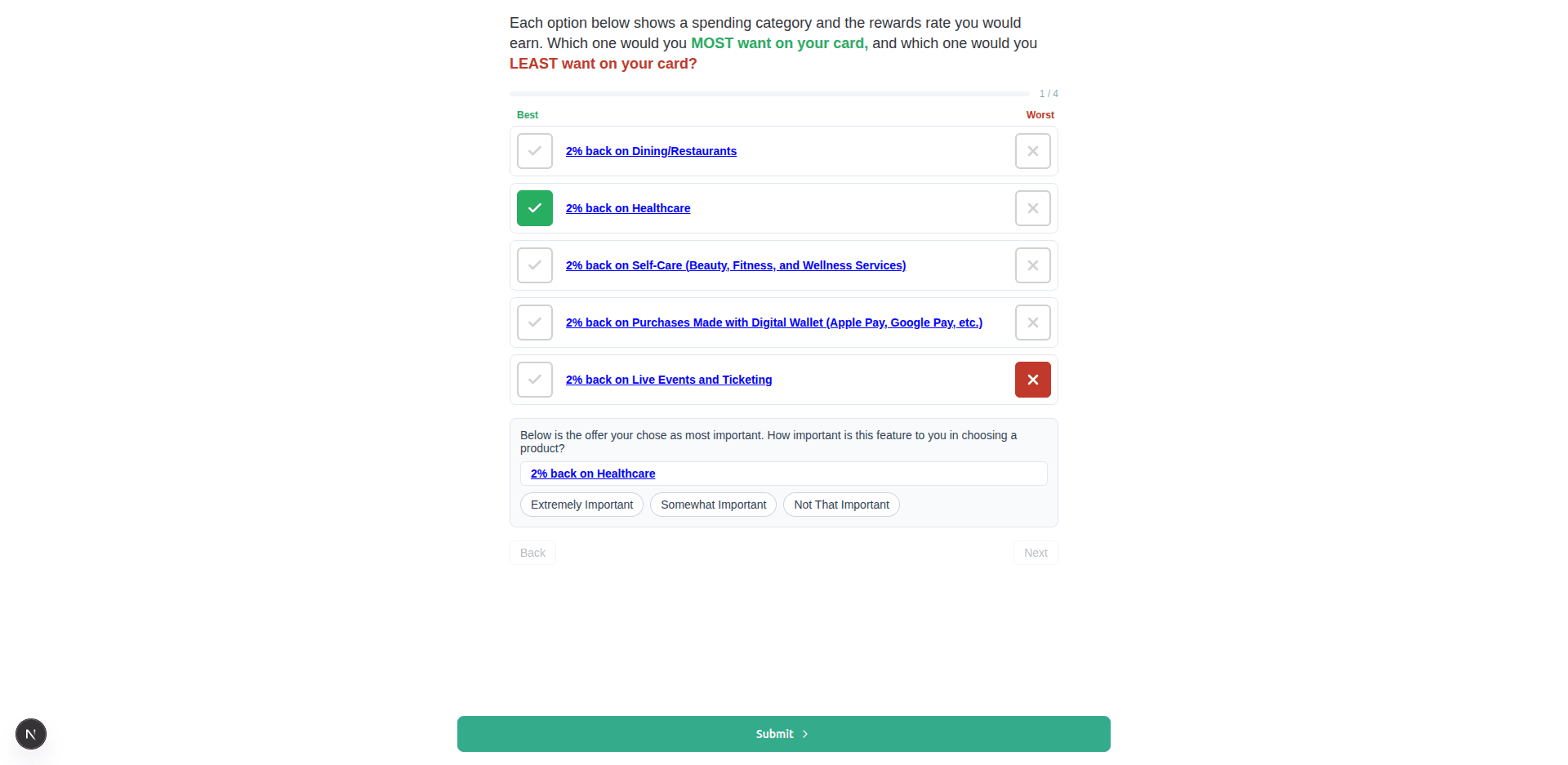 Respondent MaxDiff screen with the Follow Up Question showing the chosen Best item and three importance answers