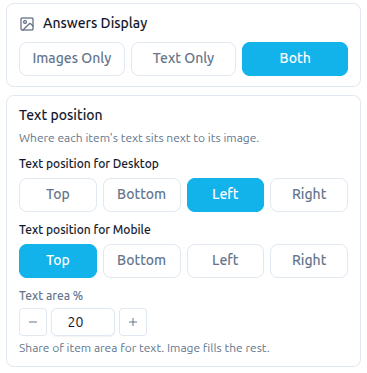 MaxDiff Settings: Answers Display set to Both, with Text position for Desktop, Text position for Mobile and Text area % below it