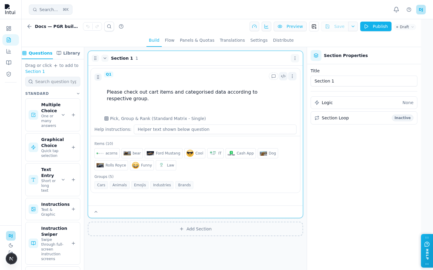 A Pick, Group & Rank question on the builder canvas, its card listing 10 items as image chips and 5 groups named Cars, Animals, Emojis, Industries and Brands