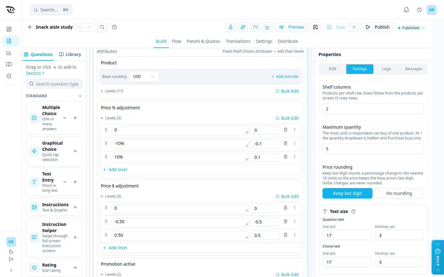 The Shelf Choice question card with its fixed attributes (Product with its 17 levels folded, Price % adjustment with levels 0, -10% and 10%, Price $ adjustment with 0, -0.50 and 0.50, then Promotion active) shown as read-only names with no type or subtype selects and editable single-line plain-text levels, and the Settings tab open with Shelf columns, Maximum quantity, Price rounding and Text size
